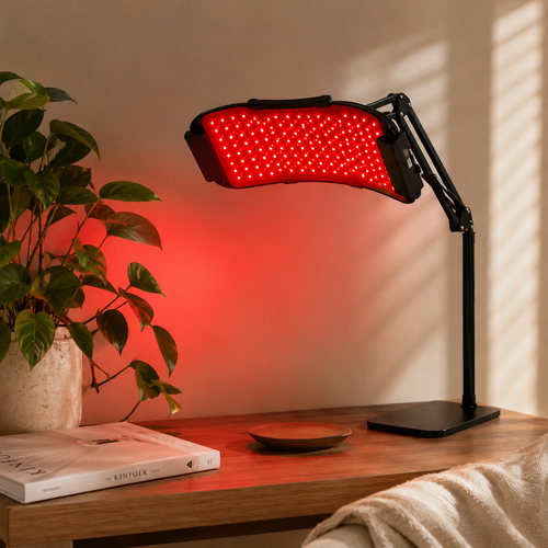 A red light therapy panel lamp on a black adjustable arm, placed on a wooden table next to a potted plant and a book, casting a warm red glow on the wall.
