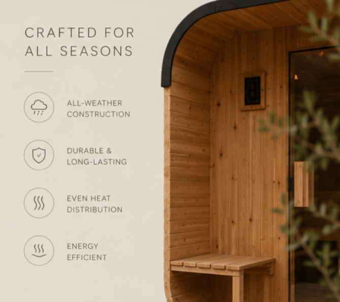 A wooden outdoor sauna cabin shown beside marketing text that reads 'CRAFTED FOR ALL SEASONS' with icons for all-weather construction, durability, even heat distribution, and energy efficiency.