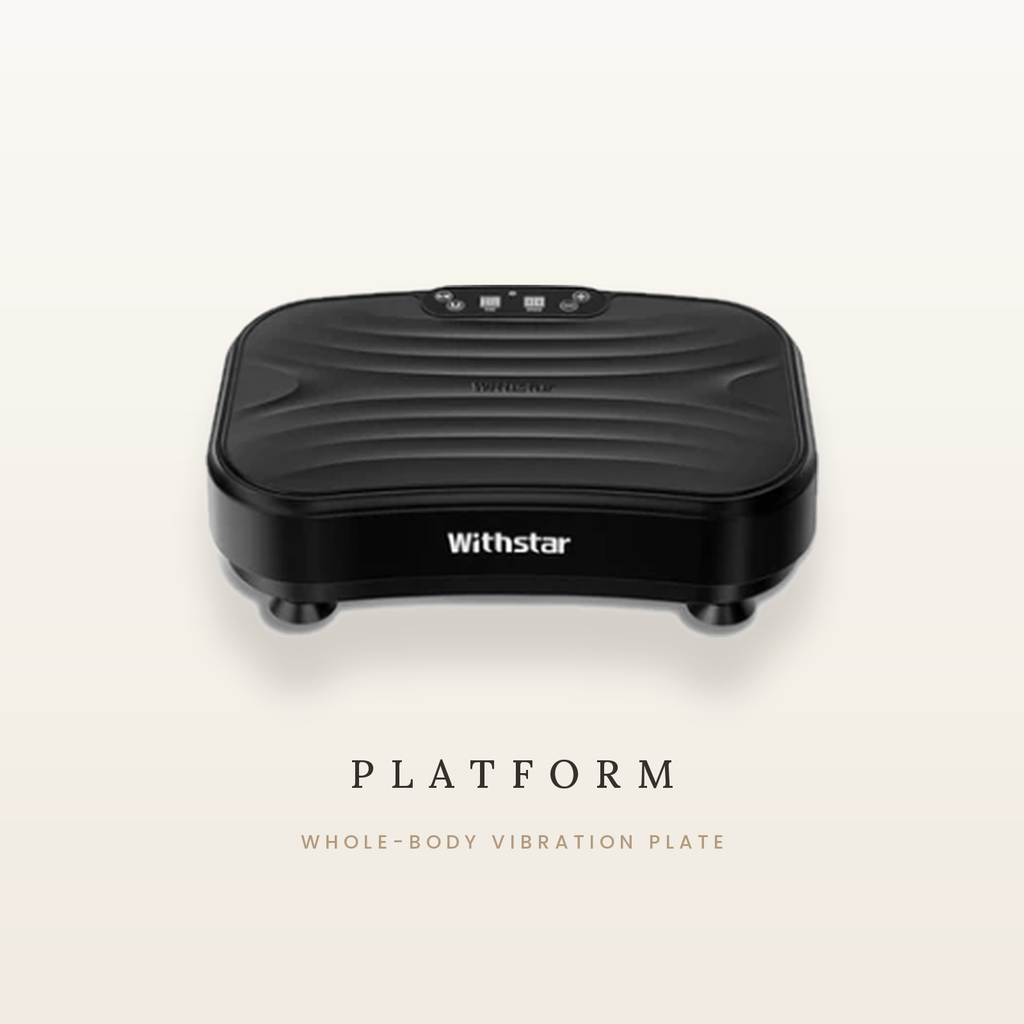 A black Withstar whole-body vibration platform shown from a top-down view on a light beige background, with the text 'PLATFORM' and 'WHOLE-BODY VIBRATION PLATE' below.