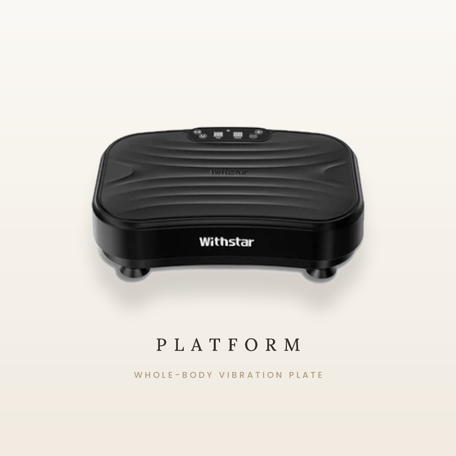 A black Withstar whole-body vibration platform shown from a top-down view on a light beige background, with the text 'PLATFORM' and 'WHOLE-BODY VIBRATION PLATE' below.