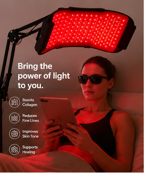 A woman wearing black sunglasses sits in bed under a red LED light therapy panel mounted above her head, holding a tablet. Text on the left lists benefits: boosts collagen, reduces fine lines, improves skin tone, and supports healing.
