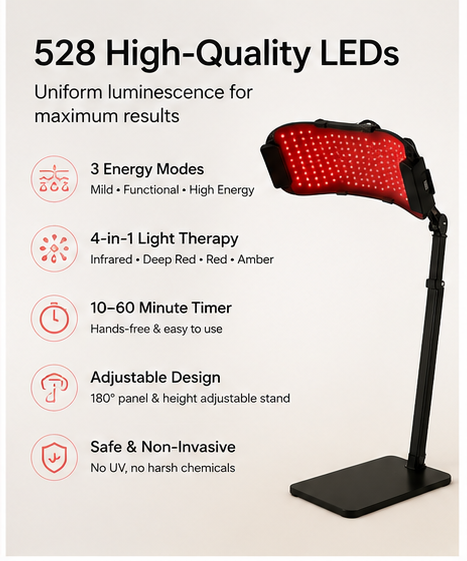 A red LED light therapy panel on a black adjustable stand, shown on a light beige background with feature callouts including 528 high-quality LEDs, three energy modes, 4-in-1 light therapy, a 10-60 minute timer, adjustable design, and safe non-invasive use.