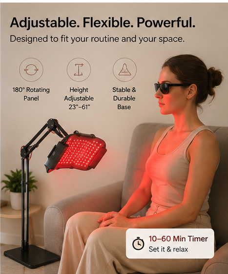A woman in a beige tank top and pants sits in a gray armchair wearing red light therapy glasses, with a black adjustable stand holding a red LED light panel beside her. The scene includes marketing text and icons about adjustability, height, and stability, plus a timer note.