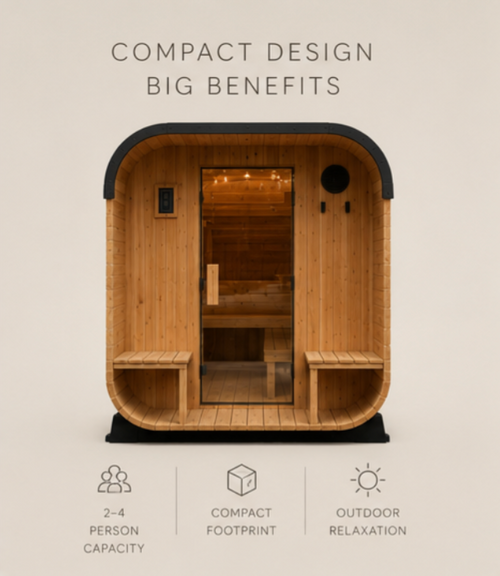 A compact wooden sauna cabin with an open front and visible interior seating, centered on a light beige background with marketing text above and feature icons below.